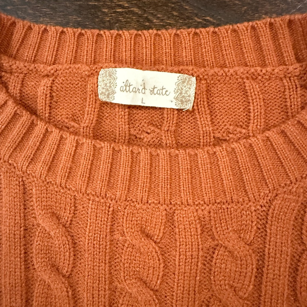 Altar’d State Rust Cable Knit Cropped Sweater Balloon Sleeve Cozy Boho Large - Picture 3 of 10